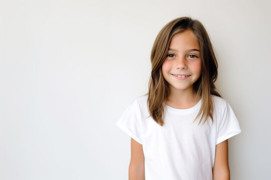 Portrait of a cute kid, girl, smiling, white and neutral teeshirt and background, joy