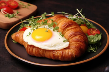 Fototapeta na wymiar Tasty croissant with fried egg, tomato and microgreens on plate
