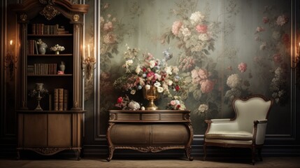 Luxury classic vintage palace living room with flowers decorated background