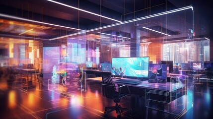Open space modern cyberpunk office with Neon light metaverse futuristic concept - obrazy, fototapety, plakaty