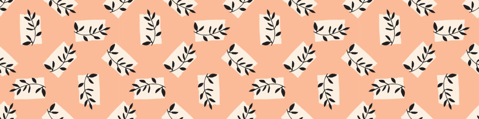 Midcentury modern floral vector endless vector border. Organic summer gender neutral 70s matisse banner.