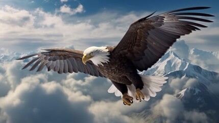 Eagle With American Flag Flying Over The Clouds.Generative AI