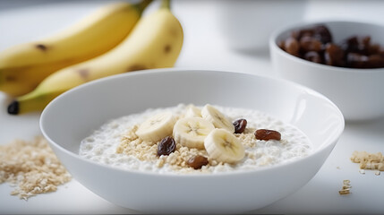 millet with banana and dried dates in white bowl