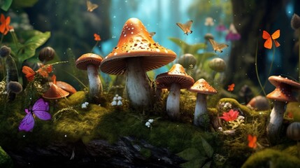 Fantasy Butter flies Mushrooms image.Generative AI