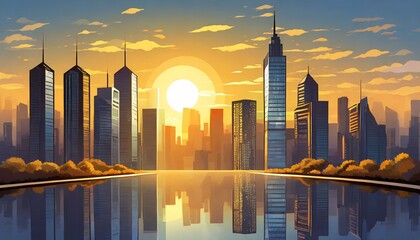 sunrise in the metropolis; cityscape with skyscrapers and glass windows reflecting sun light, city scenery background at sunset or twilight period for business success concept