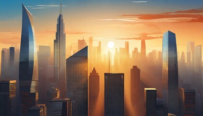 sunrise in the metropolis; cityscape with skyscrapers and glass windows reflecting sun light, city scenery background at sunset or twilight period for business success concept