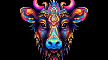 Rainbow colored head of bull in flames, black background. AI generated image