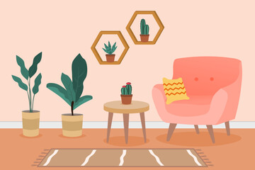 Interior design of a living room with sofa and house plants. Home interior. Vector illustration. - obrazy, fototapety, plakaty