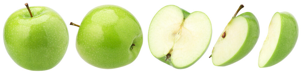 green apple (granny smith apple), half and slice isolated, transparent PNG, collection, PNG format, cut out - obrazy, fototapety, plakaty