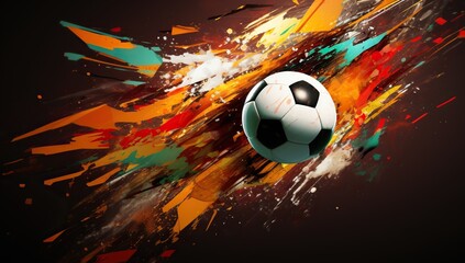 An artistic image of a soccer ball in flight against a backdrop of a bright explosion of colors on a dark background.