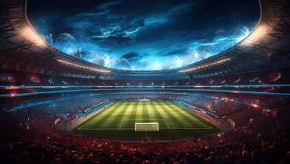 A spectacular image of a night football stadium with bright fireworks under a starry sky. - obrazy, fototapety, plakaty