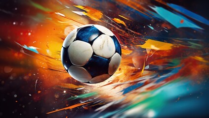 A soccer ball at the center of a vibrant explosion of color and light, creating a sense of movement.