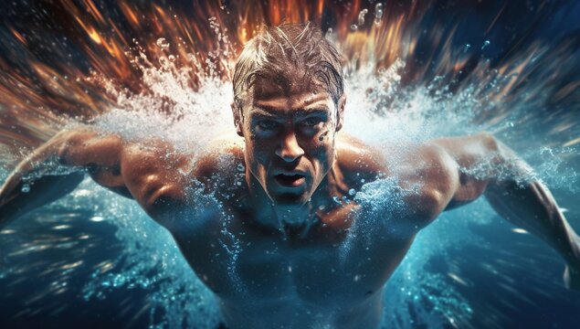 An intense art image of a swimmer in action, with a focus on the expression of his face and the dynamics of the water.