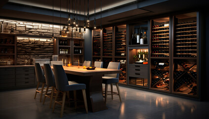 A modern wine room with wooden furniture, a large wine cabinet, and pendant lights