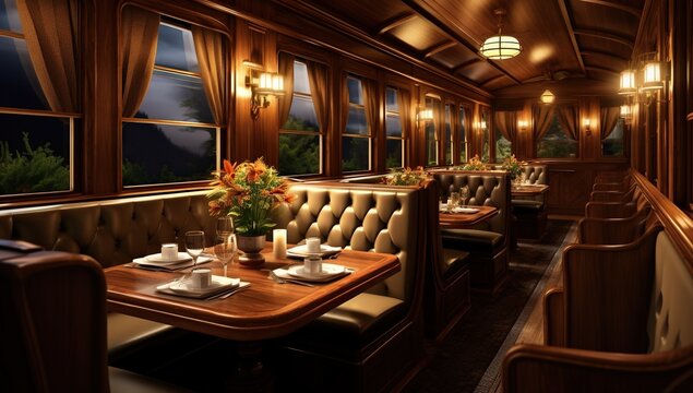 A retro-style dining car interior with leather booths, wooden tables, and romantic lighting, passing through a night forest.