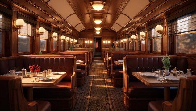 A classic-style dining car interior with cozy booths, wooden trim, and warm lighting, traveling through a landscape at twilight.