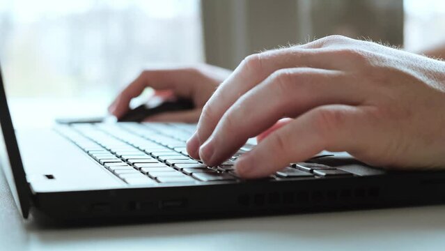 BUSINESS man hands type on laptop keyboard. Touch typing pointing cloud data social network media. White skin. Working on tablet computer. Extreme close-up human hands on keyboard. High quality 4K.