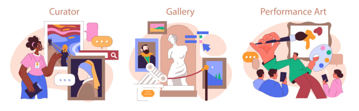 Museum or art gallery exhibition set. Visitors exploring diverse artworks. Curator guiding a excursion with interactive displays. Contemporary and classic art installation. Flat vector illustration