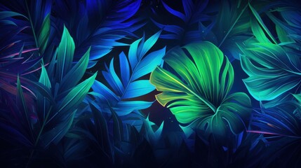 Tropical jungle leaves flat lay with blue green neon colors tones. - obrazy, fototapety, plakaty