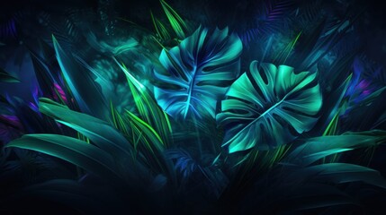 Tropical jungle leaves flat lay with blue green neon colors tones.