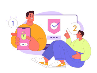 Two-Factor Authentication concept. Smiling user secures his device with password and approved check. Safety steps for online data. Enhanced login protection. Flat vector illustration.