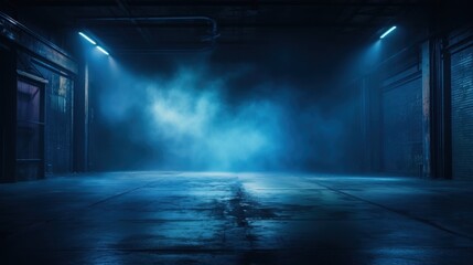 Dark empty asphalt street scene with blue smoke neon searchlight light. AI generated image
