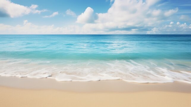 Beautiful landscape of sandy beach white sand and rolling calm wave on blue sky on Sunny day
