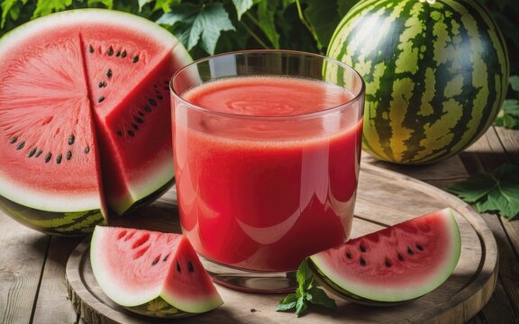 Homemade watermelon juice made in the summer or autumn season from ripe red and juicy watermelons, red juice without added sugar, a natural healthy and dietary product