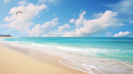 Fototapeta na wymiar Beautiful landscape of sandy beach white sand and rolling calm wave on blue sky on Sunny day