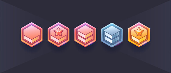 Vector set of games military icon. Military shield badges, game rank insignia. Vector game icons, revard signs, stars, chevron for used in mobile or web game