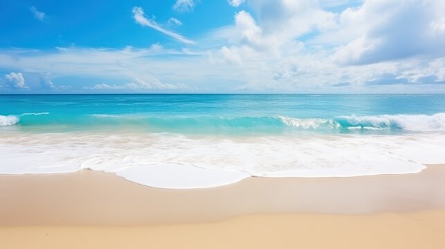 Beautiful landscape of sandy beach white sand and rolling calm wave on blue sky on Sunny day