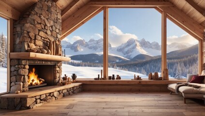 wooden house interior in snow area with a fireplace and mountains outside