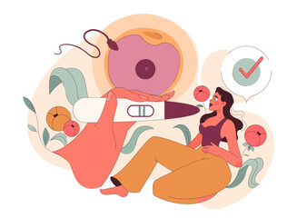 Fertility concept. A thoughtful woman amidst symbolic illustrations of ovulation, positive pregnancy test, and a fertilized egg. Embracing the journey of womanhood. Flat vector illustration.