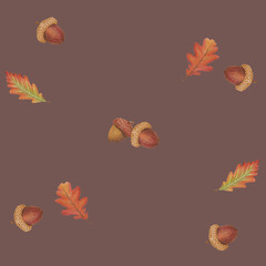 Hand drawn colored pencils red autumn oak leaves and acorns seamless pattern on the brown background, seasonal crayon illustration, symbol of autumn, postcard invitation, vintage and romantic style.