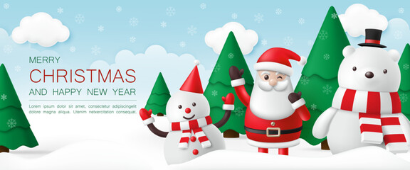 3d Merry Christmas and Happy new year banner with snowman, Santa claus, polar bear and christmas trees on the snow background for greeting card, kid wallpaper, decoration party. Vector illustration