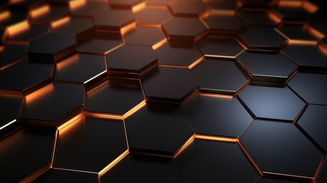 3D Rendering of abstract hexagon metal texture with golden light background © artpray