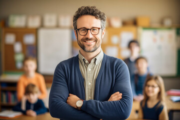 Fototapeta premium Happy teacher standing in a class with crossed arms in front of his elementary students and looking at the camera.