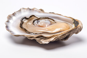 Raw oysters. Seafood. Fresh opened ready to eat oysters on white background. Generative AI