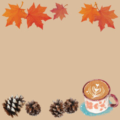 Colored pencils abstract background autumn collection with maple,pine cone and a cup of coffee. Hand-painted colored pencils natural art, perfect for your designed header, banner, web, wall, cards.