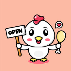 Cute chicken cartoon, carrying chicken thighs and a board saying open.