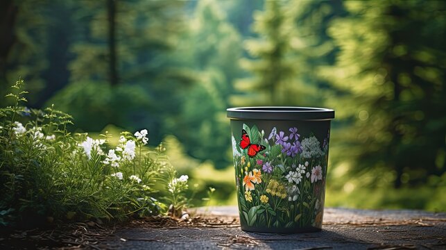 Trash can with nature in the background