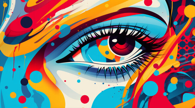 Bold pop art style with a colorful eye amidst vibrant splashes of paint.