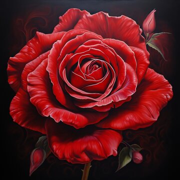 one big red rose on black background, close up, painting