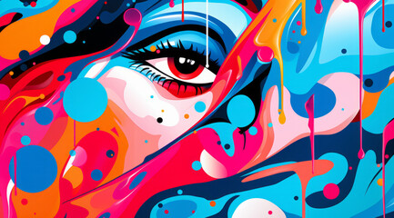 Bold pop art style with a colorful eye amidst vibrant splashes of paint.