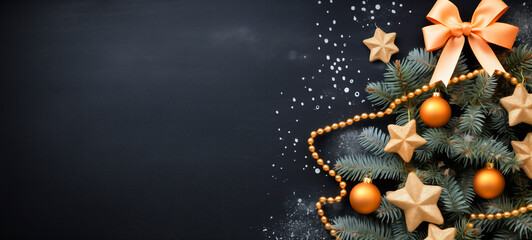 Christmas tree decorated dark background with copy space