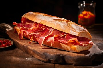 Spanish Serrano ham sandwich, freshly prepared and served on a table - obrazy, fototapety, plakaty