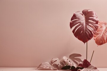 Powdery background with burgundy and pink leaves of monstera for copy space, advertising, inscription text.