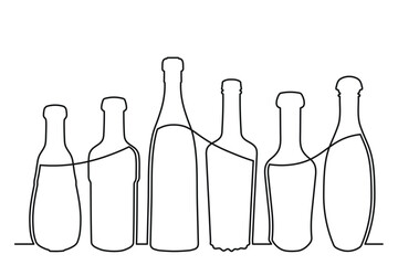 Sketch drawing of a bottle of different shapes in the style of one solid continuous line. Collection of alcoholic drinks