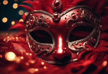 red carnival mask with gold patterns on red close