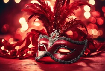 Gardinen venetian red carnival mask with feathers on a background of red lights © ANASTASIIA